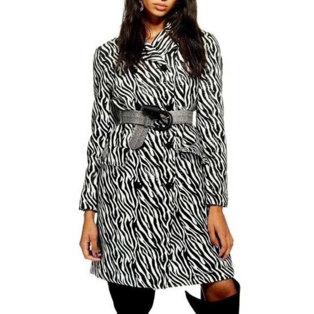 TOPSHOP Coat Zebra Black White Double Breasted Shimmer Jacket Midi Sz 6 NEW